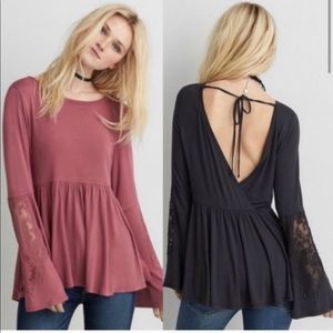 AEO Soft & Sexy Babydoll Lace Bell Sleeve Tee Back
